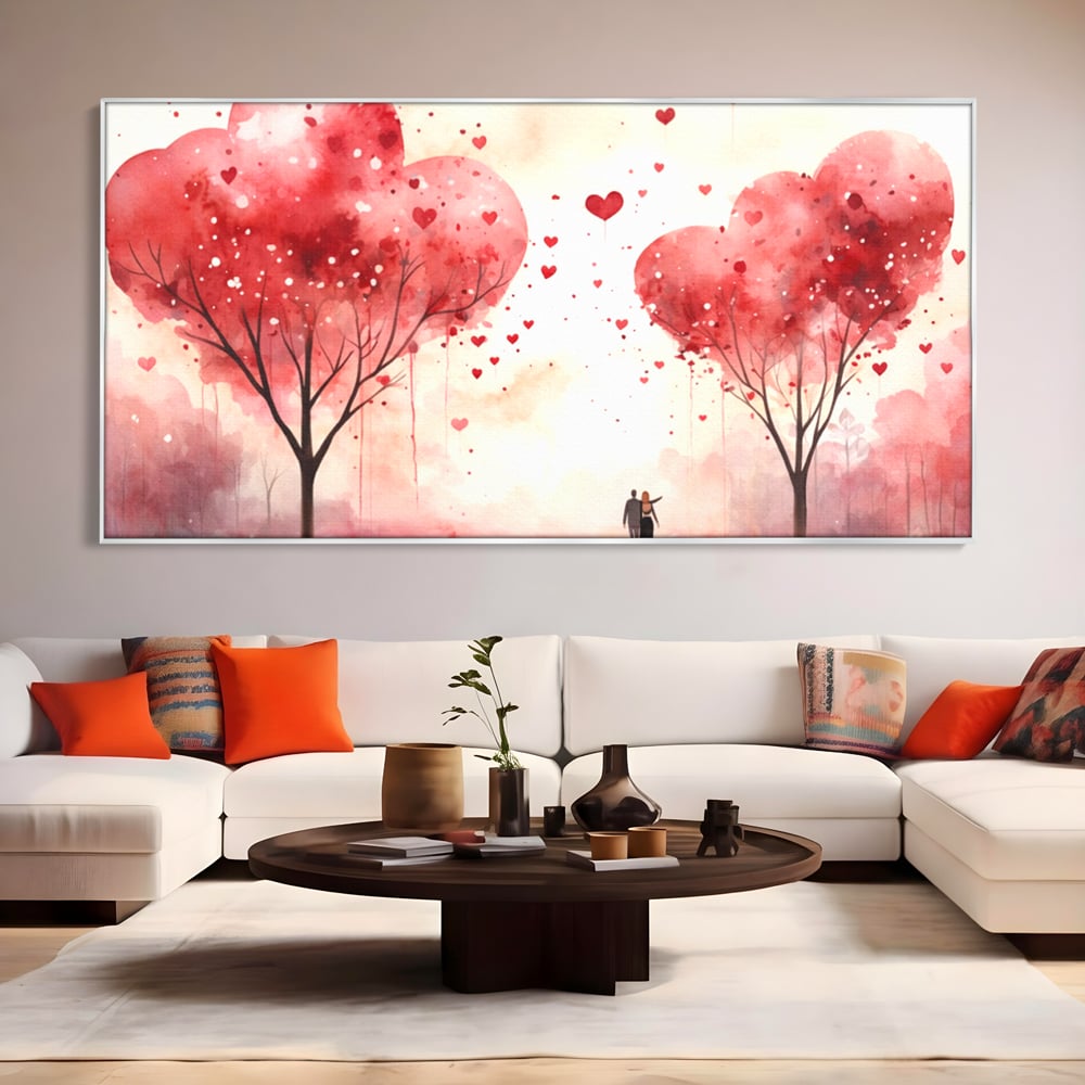 Tablou canvas cu tablou canvas cuplu sub copaci in forma de inima, in rama de aluminiu argintiu, pe perete intr-un living